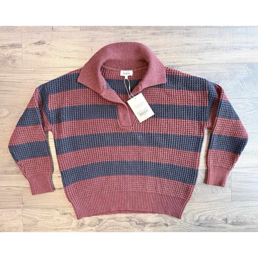 Bohme Rugby Stripe S Collared Sweater NWT Wool Blend Preppy Varsity Chunky Knit